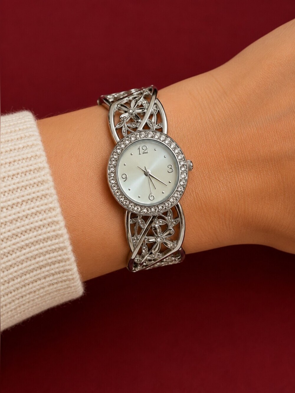 Y2k ACCUTIME Floral Cuff Bracelet Watch Clock